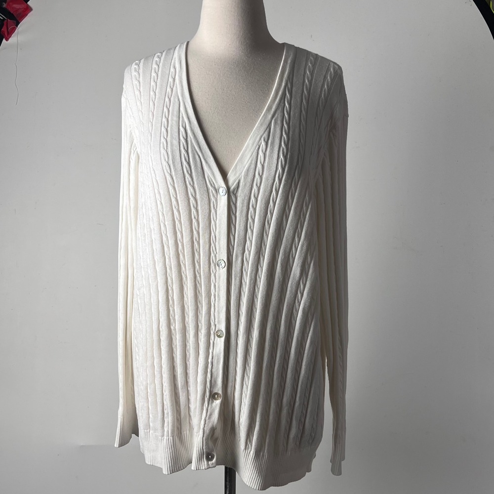 Tail Sweater Womens XL Tennis Golf White Cable Knit V-Neck Button Up Cardigan